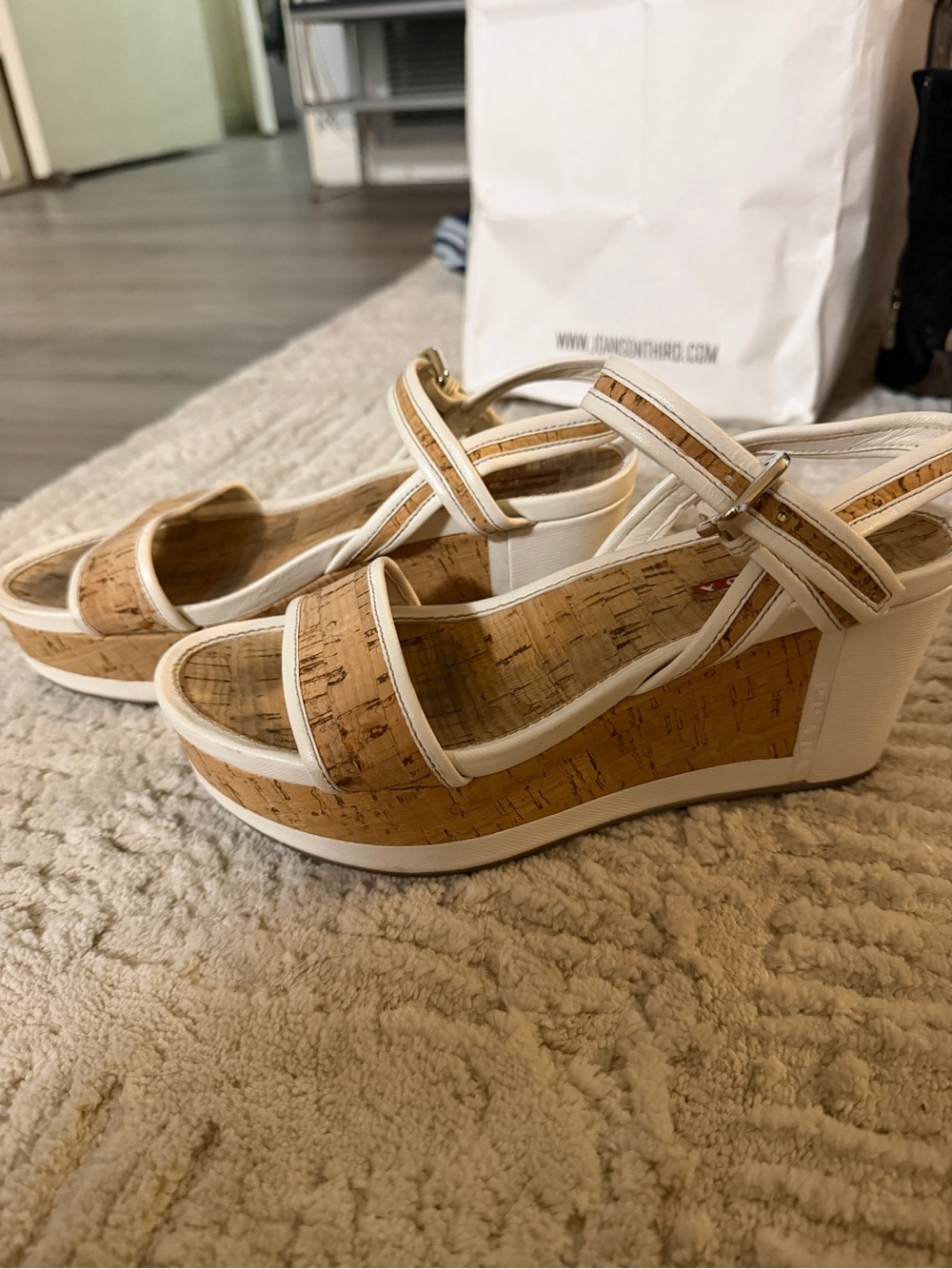 Prada Cork Platform Wedge Sandals with White Trim